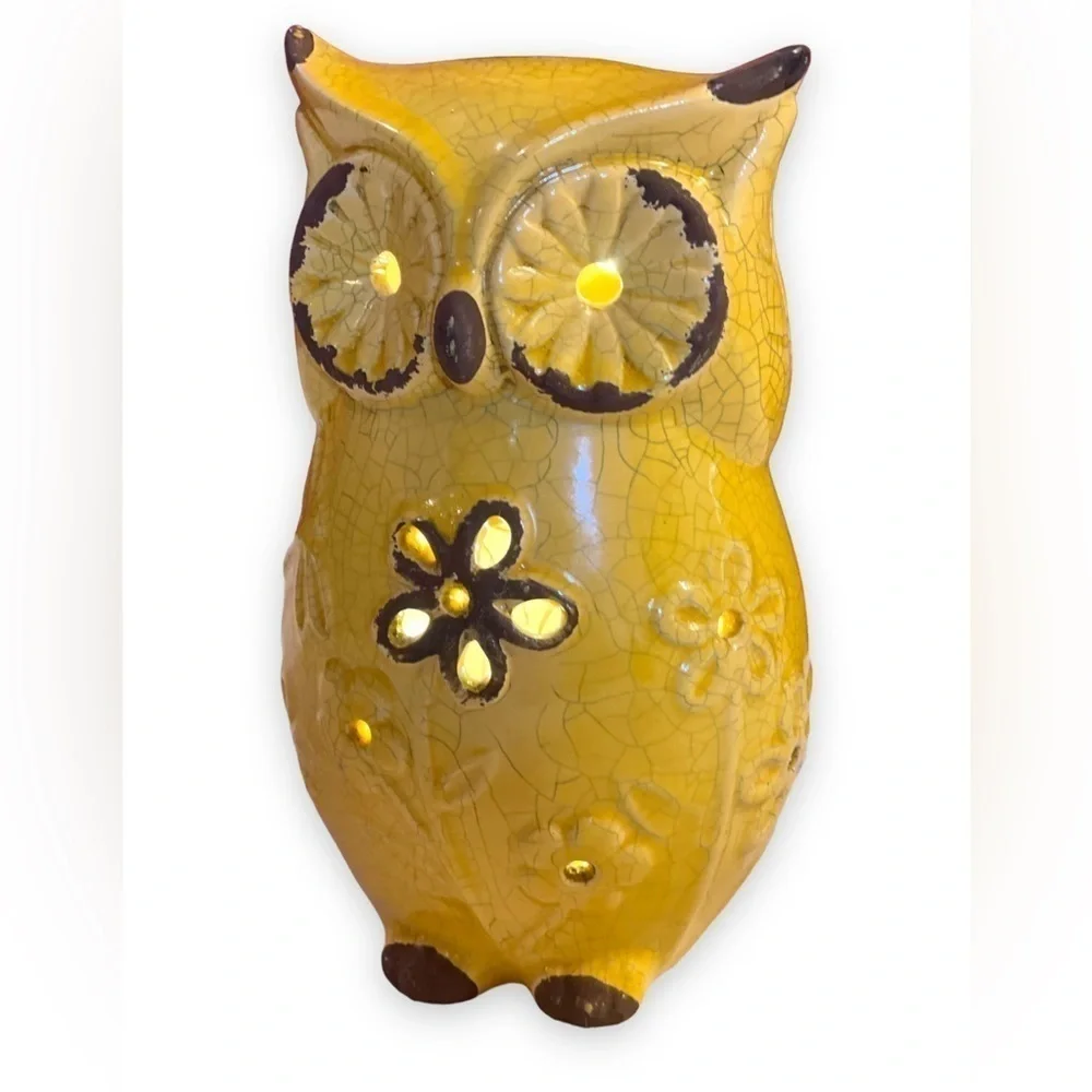 Ceramic Mustard Yellow Owl Floral Relief Luminary with LED Lights Home Decor